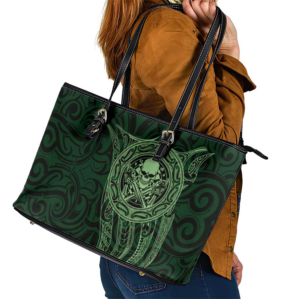 New Zealand Skull Darts Leather Tote Bag Aotearoa Maori Chest Tattoo Stylized Green - Polynesian Pride
