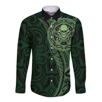 New Zealand Skull Darts Long Sleeve Button Shirt Aotearoa Maori Chest Tattoo Stylized Green - Polynesian Pride