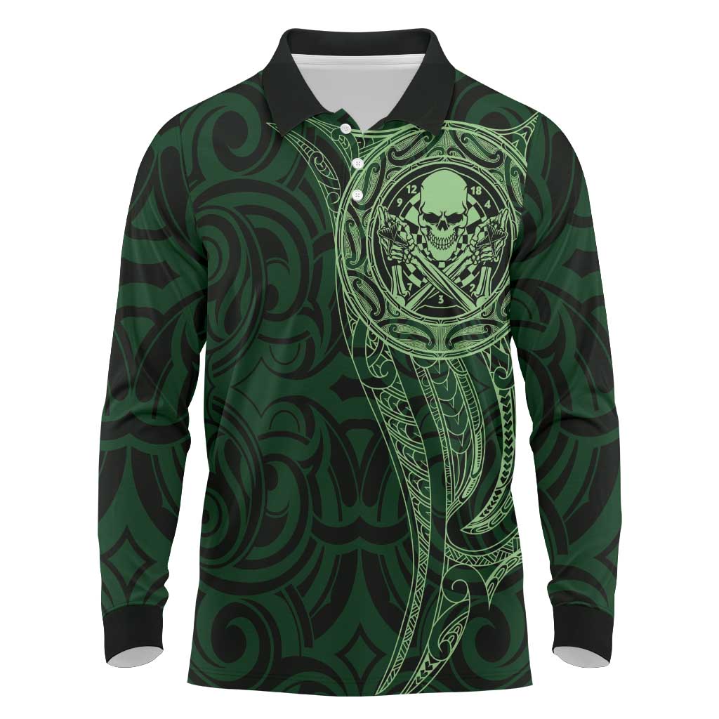 New Zealand Skull Darts Long Sleeve Polo Shirt Aotearoa Maori Chest Tattoo Stylized Green - Polynesian Pride