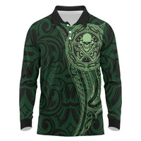 New Zealand Skull Darts Long Sleeve Polo Shirt Aotearoa Maori Chest Tattoo Stylized Green - Polynesian Pride