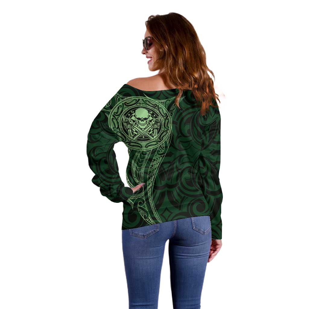 New Zealand Skull Darts Off Shoulder Sweater Aotearoa Maori Chest Tattoo Stylized Green - Polynesian Pride