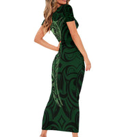 New Zealand Skull Darts Short Sleeve Bodycon Dress Aotearoa Maori Chest Tattoo Stylized Green - Polynesian Pride