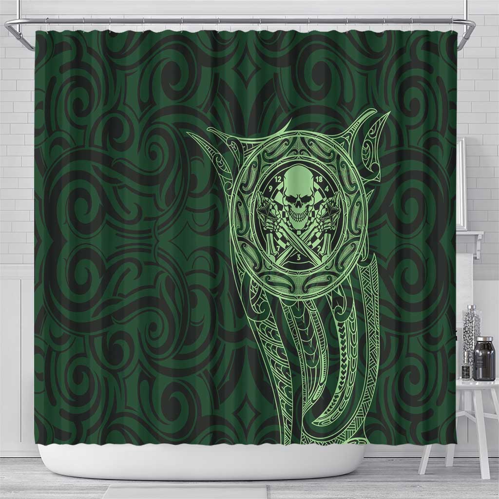 New Zealand Skull Darts Shower Curtain Aotearoa Maori Chest Tattoo Stylized Green - Polynesian Pride