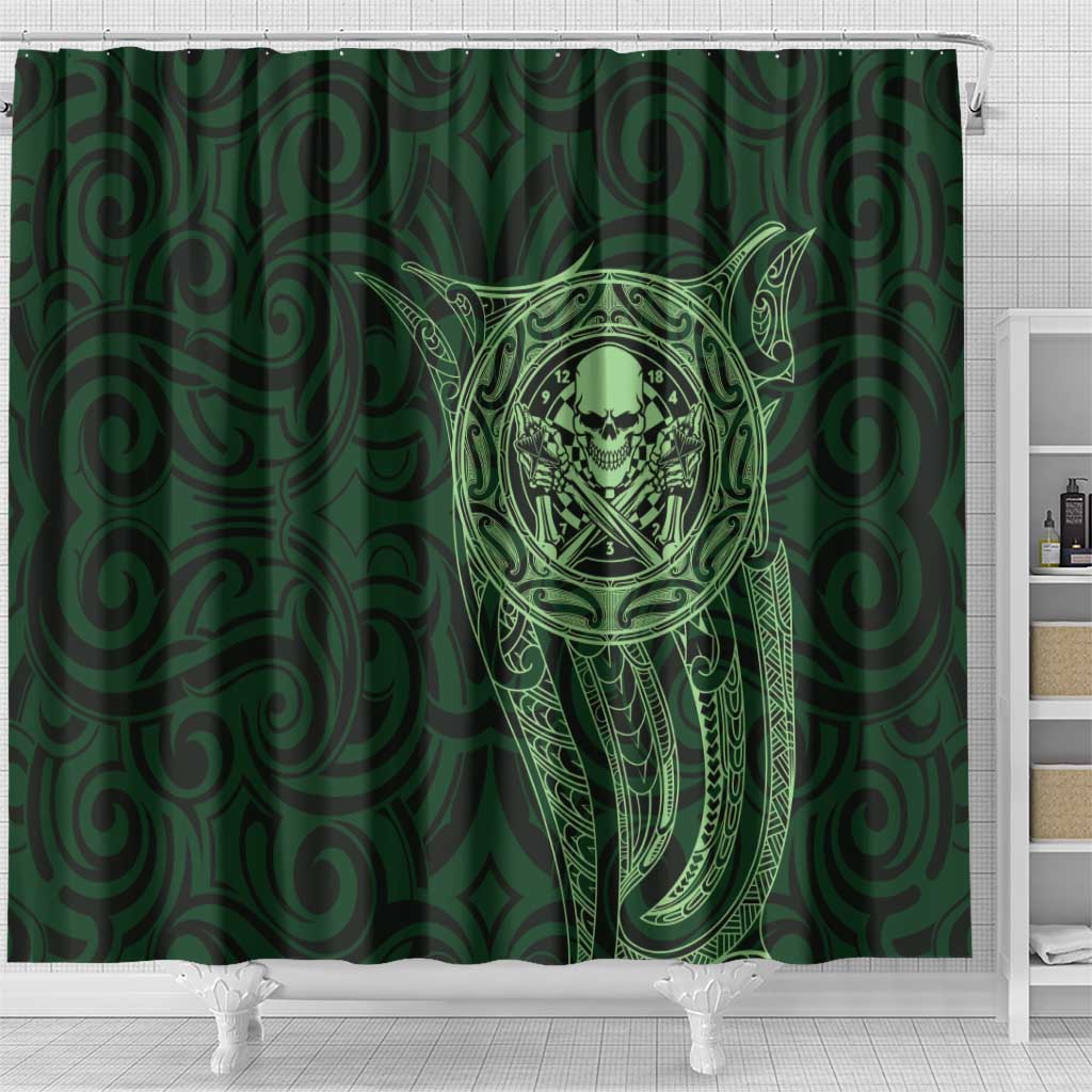 New Zealand Skull Darts Shower Curtain Aotearoa Maori Chest Tattoo Stylized Green - Polynesian Pride
