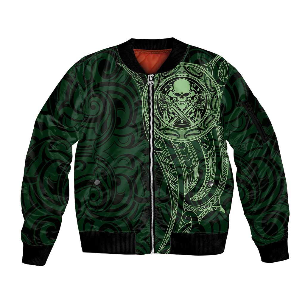 New Zealand Skull Darts Sleeve Zip Bomber Jacket Aotearoa Maori Chest Tattoo Stylized Green - Polynesian Pride