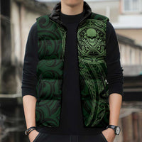 New Zealand Skull Darts Sleeveless Puffer Jacket Aotearoa Maori Chest Tattoo Stylized Green - Polynesian Pride
