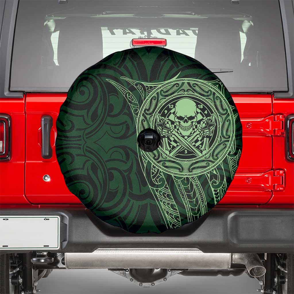 New Zealand Skull Darts Spare Tire Cover Aotearoa Maori Chest Tattoo Stylized Green - Polynesian Pride
