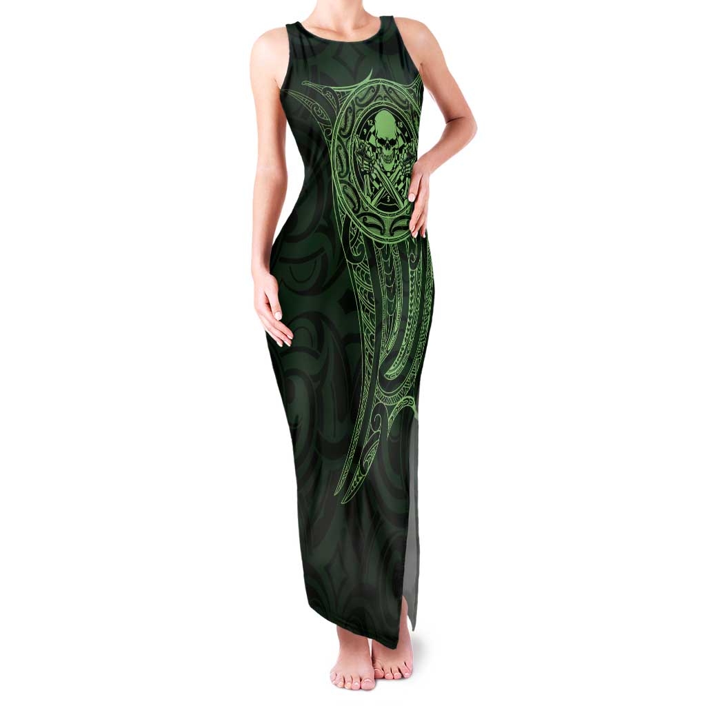 New Zealand Skull Darts Tank Maxi Dress Aotearoa Maori Chest Tattoo Stylized Green - Polynesian Pride