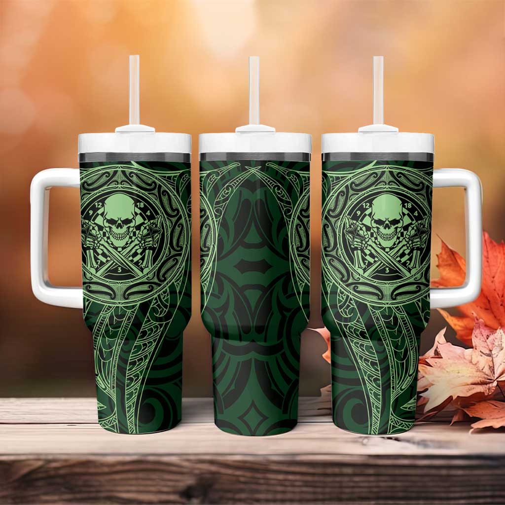 New Zealand Skull Darts Tumbler With Handle Aotearoa Maori Chest Tattoo Stylized Green - Polynesian Pride