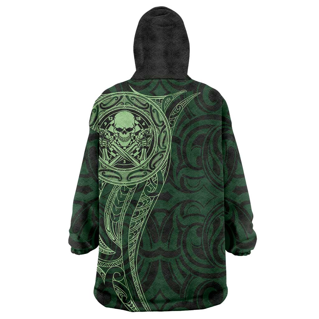 New Zealand Skull Darts Wearable Blanket Hoodie Aotearoa Maori Chest Tattoo Stylized Green - Polynesian Pride