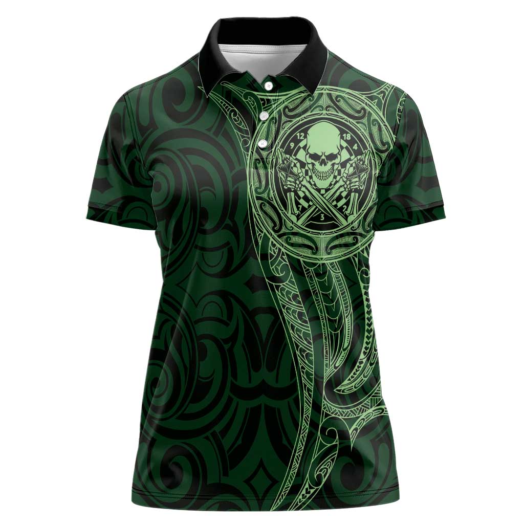 New Zealand Skull Darts Women Polo Shirt Aotearoa Maori Chest Tattoo Stylized Green - Polynesian Pride