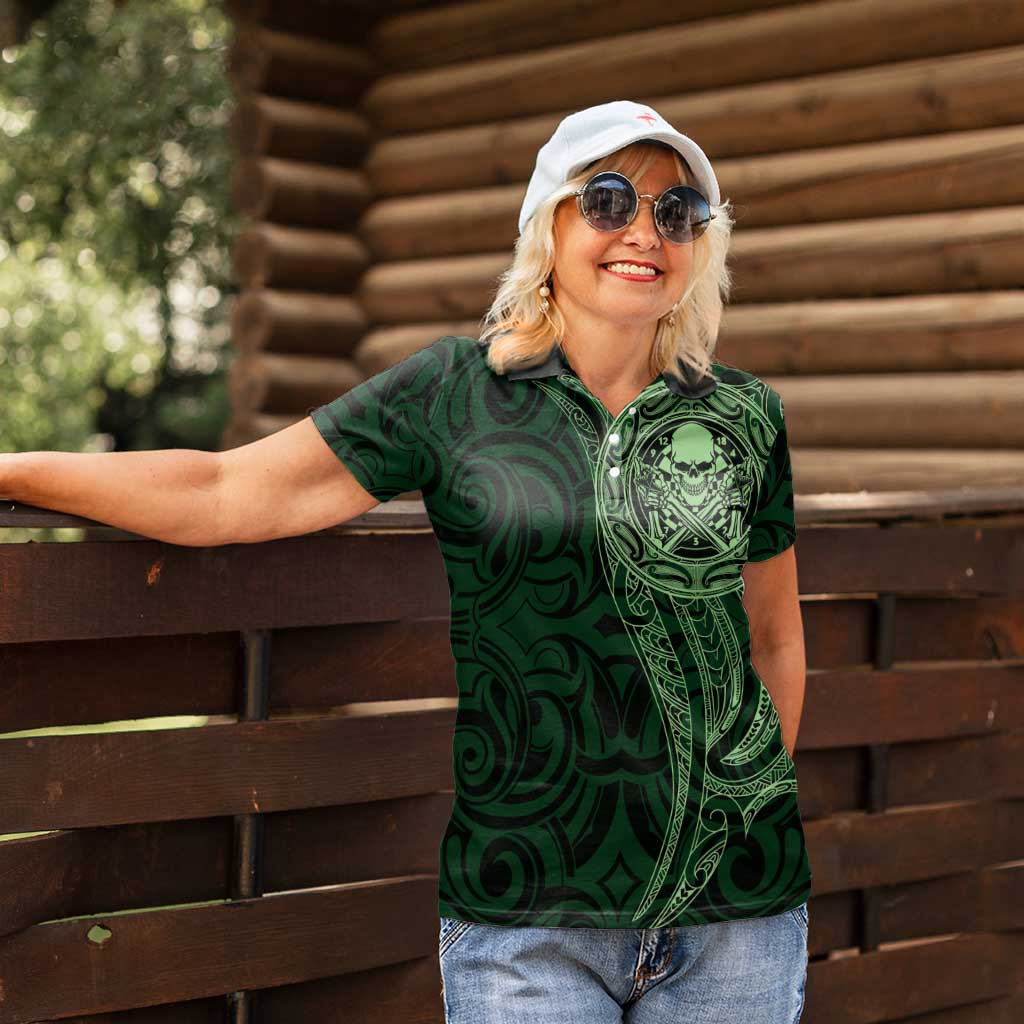 New Zealand Skull Darts Women Polo Shirt Aotearoa Maori Chest Tattoo Stylized Green - Polynesian Pride