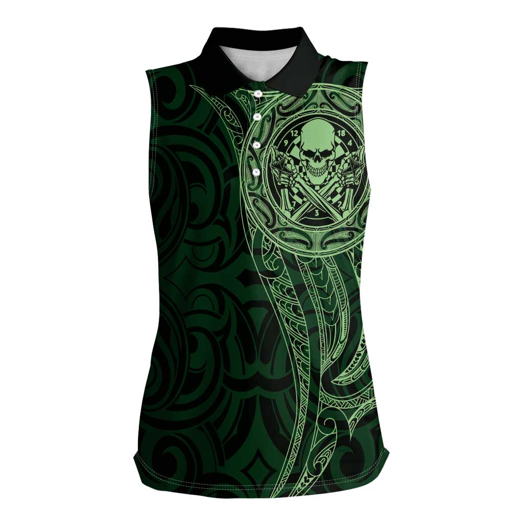 New Zealand Skull Darts Women Sleeveless Polo Shirt Aotearoa Maori Chest Tattoo Stylized Green - Polynesian Pride
