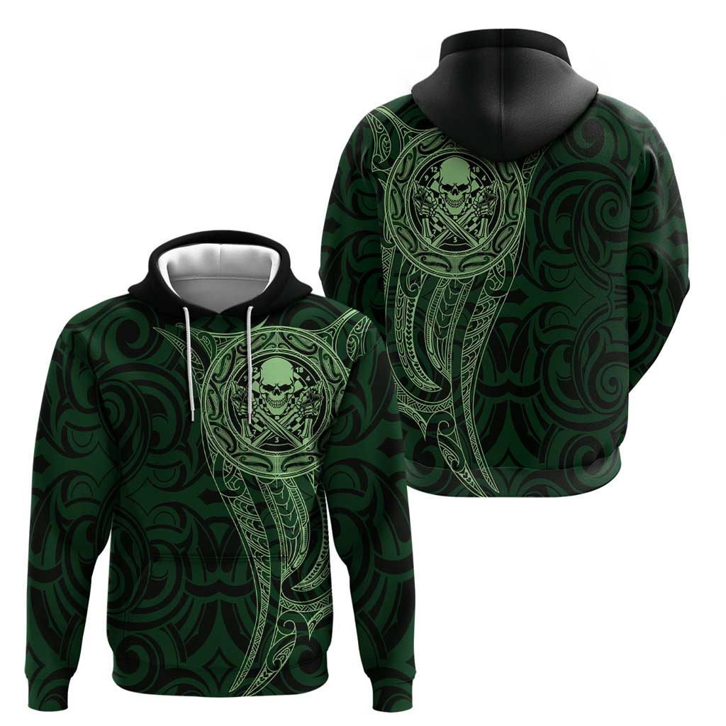 New Zealand Skull Darts Zip Hoodie Aotearoa Maori Chest Tattoo Stylized Green - Polynesian Pride