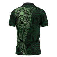 New Zealand Skull Darts Zipper Polo Shirt Aotearoa Maori Chest Tattoo Stylized Green - Polynesian Pride