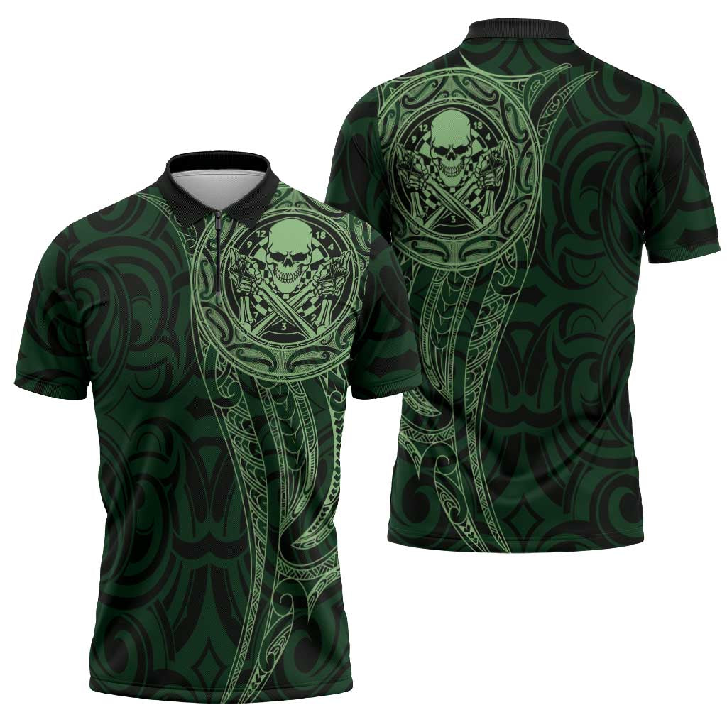 New Zealand Skull Darts Zipper Polo Shirt Aotearoa Maori Chest Tattoo Stylized Green - Polynesian Pride