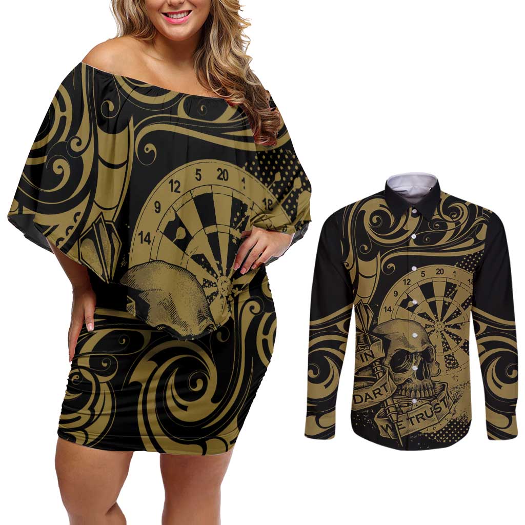 New Zealand Darts Couples Matching Off Shoulder Short Dress and Long Sleeve Button Shirt Skull In Dart We Trust Maori Pattern - Polynesian Pride