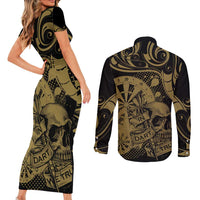 New Zealand Darts Couples Matching Short Sleeve Bodycon Dress and Long Sleeve Button Shirt Skull In Dart We Trust Maori Pattern - Polynesian Pride