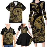 New Zealand Darts Family Matching Long Sleeve Bodycon Dress and Hawaiian Shirt Skull In Dart We Trust Maori Pattern - Polynesian Pride