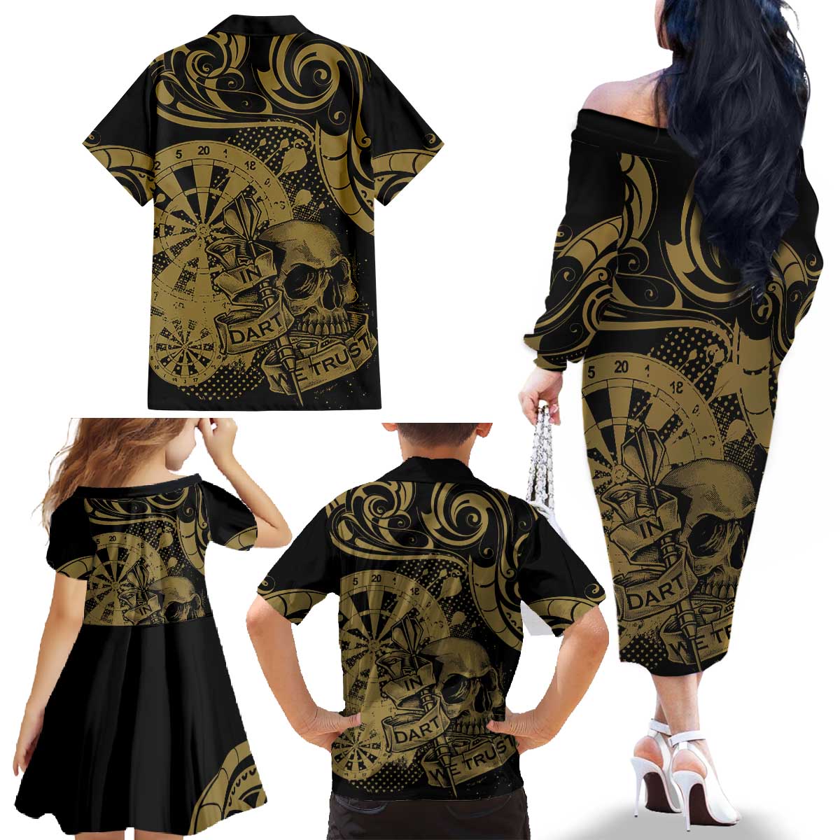 New Zealand Darts Family Matching Off The Shoulder Long Sleeve Dress and Hawaiian Shirt Skull In Dart We Trust Maori Pattern - Polynesian Pride