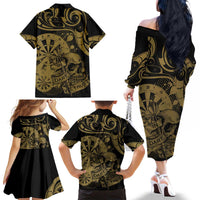 New Zealand Darts Family Matching Off The Shoulder Long Sleeve Dress and Hawaiian Shirt Skull In Dart We Trust Maori Pattern - Polynesian Pride