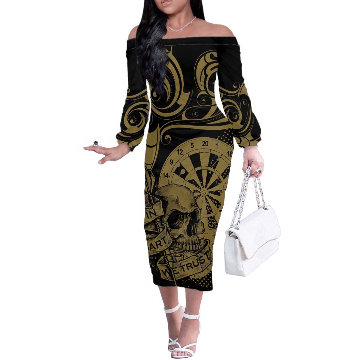 New Zealand Darts Family Matching Off The Shoulder Long Sleeve Dress and Hawaiian Shirt Skull In Dart We Trust Maori Pattern - Polynesian Pride