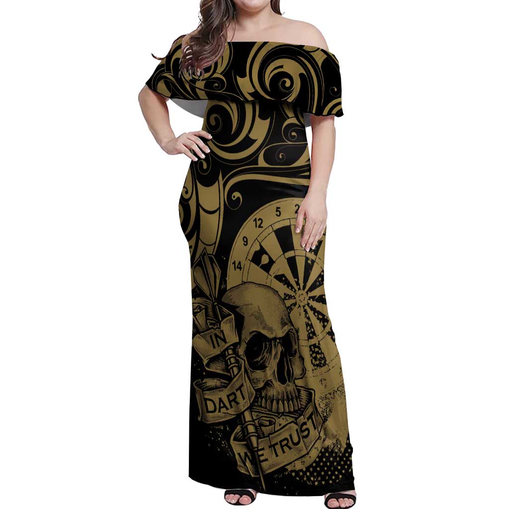New Zealand Darts Off Shoulder Maxi Dress Skull In Dart We Trust Maori Pattern - Polynesian Pride