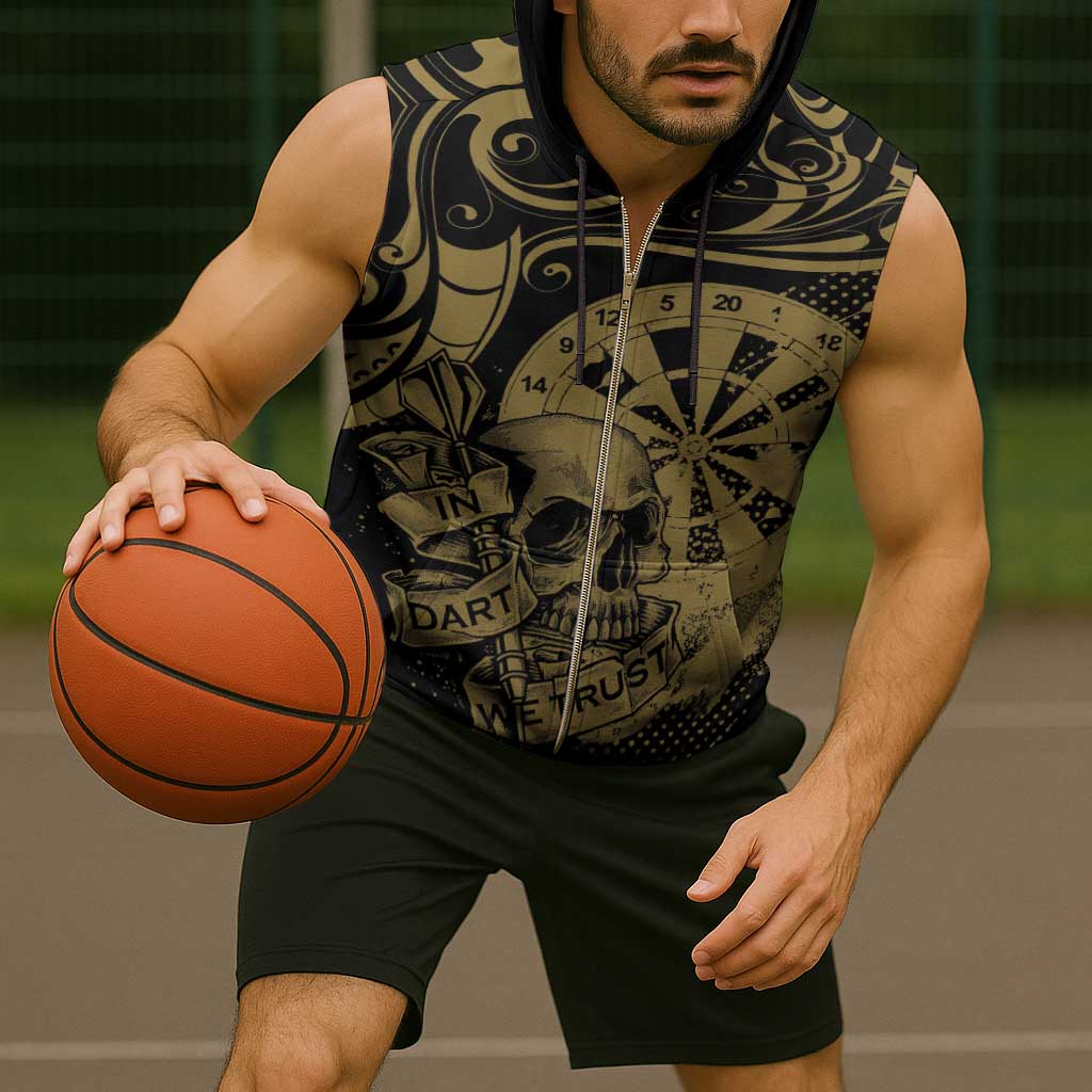 New Zealand Darts Sleeveless Zip Hoodie Skull In Dart We Trust Maori Pattern - Polynesian Pride
