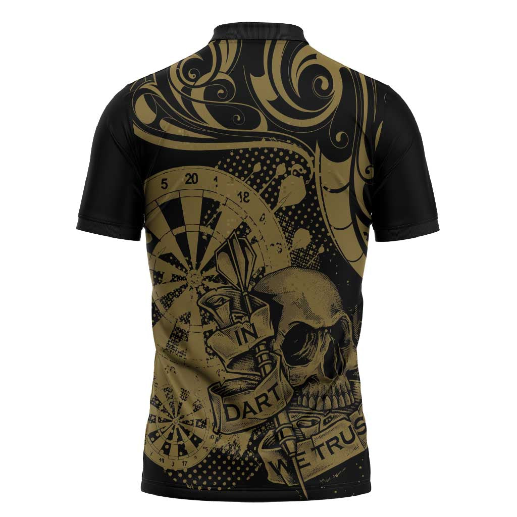 New Zealand Darts Zipper Polo Shirt Skull In Dart We Trust Maori Pattern - Polynesian Pride
