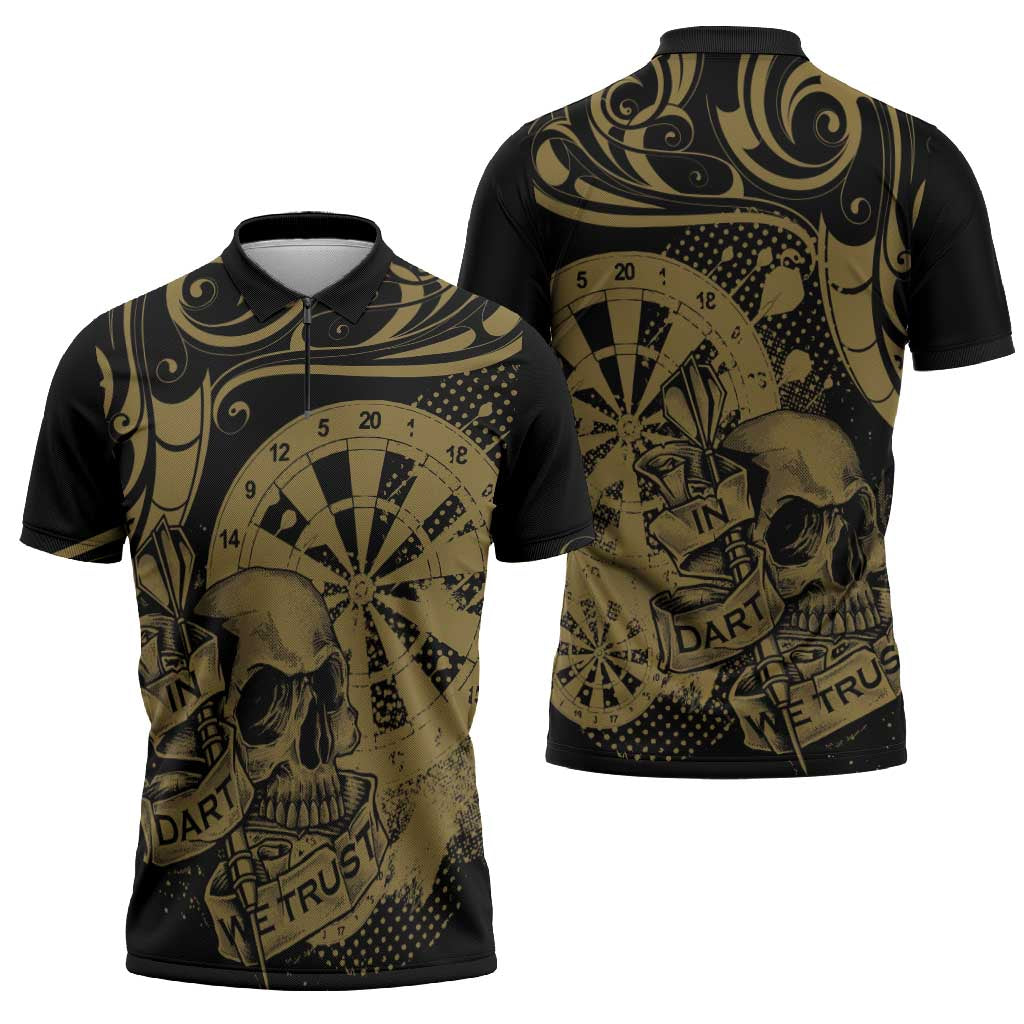 New Zealand Darts Zipper Polo Shirt Skull In Dart We Trust Maori Pattern - Polynesian Pride