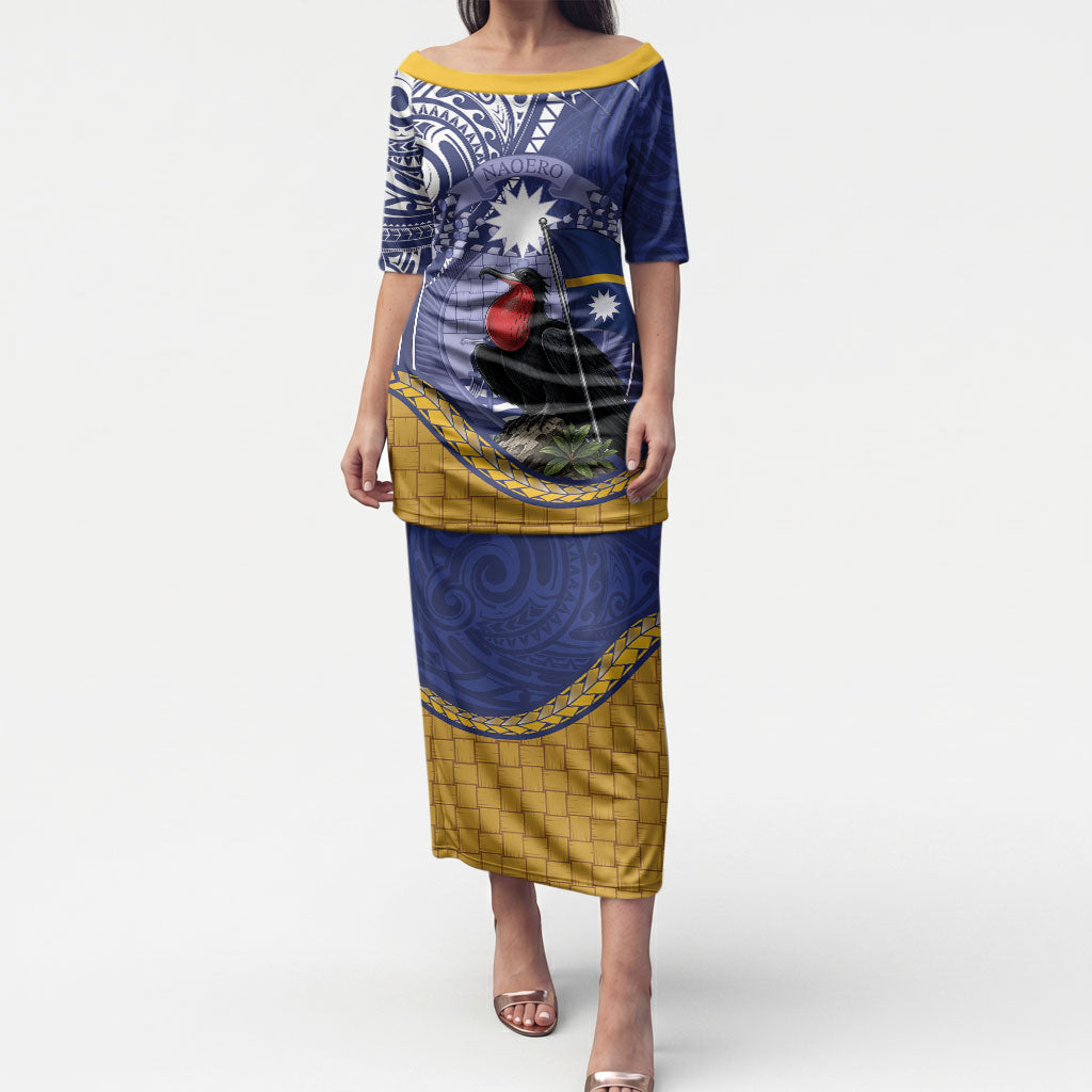 Magnificent Frigatebird Nauru Puletasi Pandanus Weaving Polynesian Pattern LT14 Long Dress Blue - Polynesian Pride