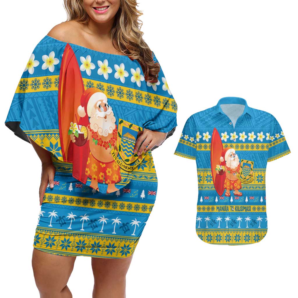 Tuvalu Christmas Couples Matching Off Shoulder Short Dress and Hawaiian Shirt Cute Santa Manuia te Kilisimasi - Polynesian Pride