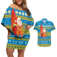 Tuvalu Christmas Couples Matching Off Shoulder Short Dress and Hawaiian Shirt Cute Santa Manuia te Kilisimasi - Polynesian Pride