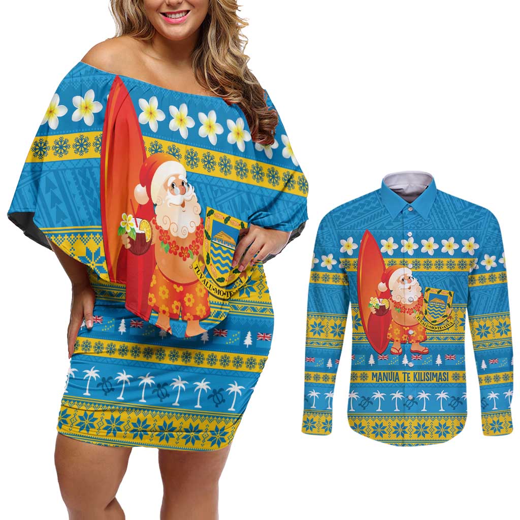 Tuvalu Christmas Couples Matching Off Shoulder Short Dress and Long Sleeve Button Shirt Cute Santa Manuia te Kilisimasi LT14 Blue - Polynesian Pride