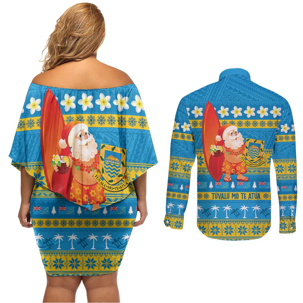 Tuvalu Christmas Couples Matching Off Shoulder Short Dress and Long Sleeve Button Shirt Cute Santa Manuia te Kilisimasi LT14 - Polynesian Pride