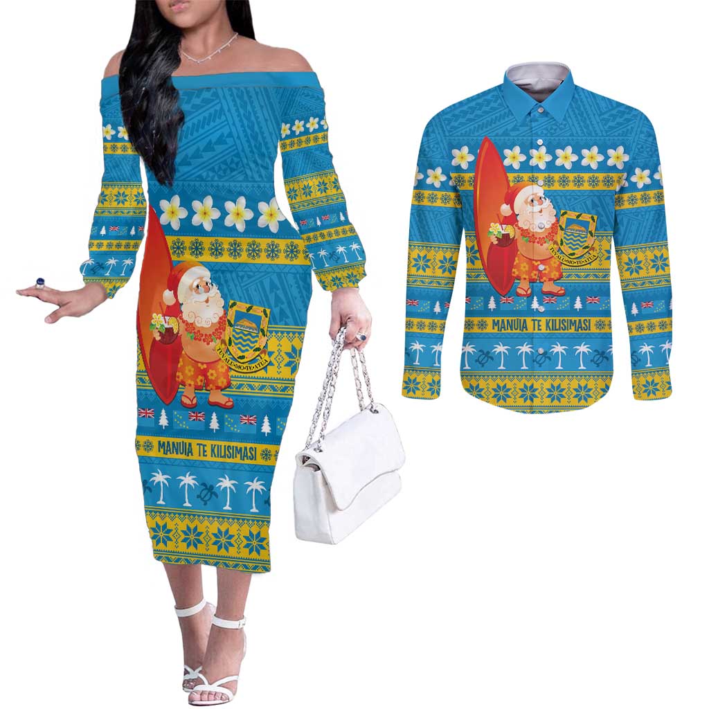 Tuvalu Christmas Couples Matching Off The Shoulder Long Sleeve Dress and Long Sleeve Button Shirt Cute Santa Manuia te Kilisimasi - Polynesian Pride