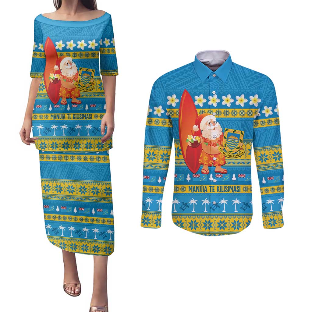 Tuvalu Christmas Couples Matching Puletasi and Long Sleeve Button Shirt Cute Santa Manuia te Kilisimasi LT14 Blue - Polynesian Pride