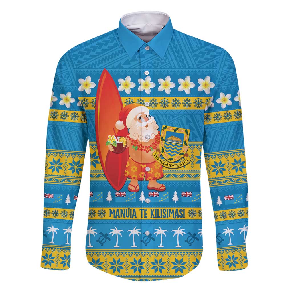 Tuvalu Christmas Family Matching Long Sleeve Bodycon Dress and Hawaiian Shirt Cute Santa Manuia te Kilisimasi LT14 Dad's Shirt - Long Sleeve Blue - Polynesian Pride