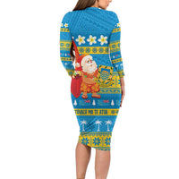 Tuvalu Christmas Family Matching Long Sleeve Bodycon Dress and Hawaiian Shirt Cute Santa Manuia te Kilisimasi LT14 - Polynesian Pride