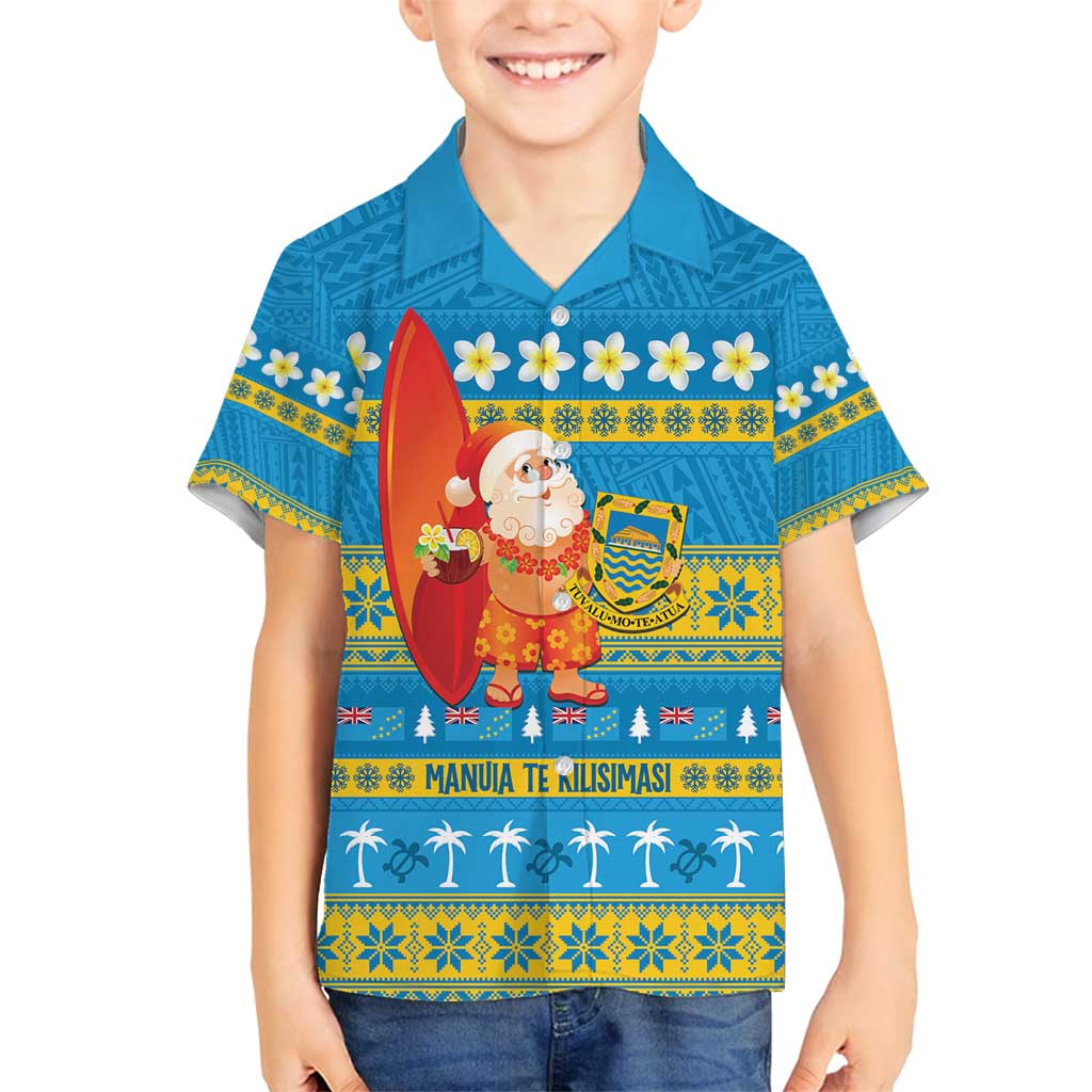 Tuvalu Christmas Family Matching Long Sleeve Bodycon Dress and Hawaiian Shirt Cute Santa Manuia te Kilisimasi LT14 Son's Shirt Blue - Polynesian Pride