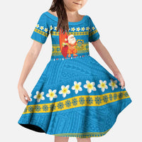 Tuvalu Christmas Family Matching Off The Shoulder Long Sleeve Dress and Hawaiian Shirt Cute Santa Manuia te Kilisimasi LT14 Daughter's Dress Blue - Polynesian Pride