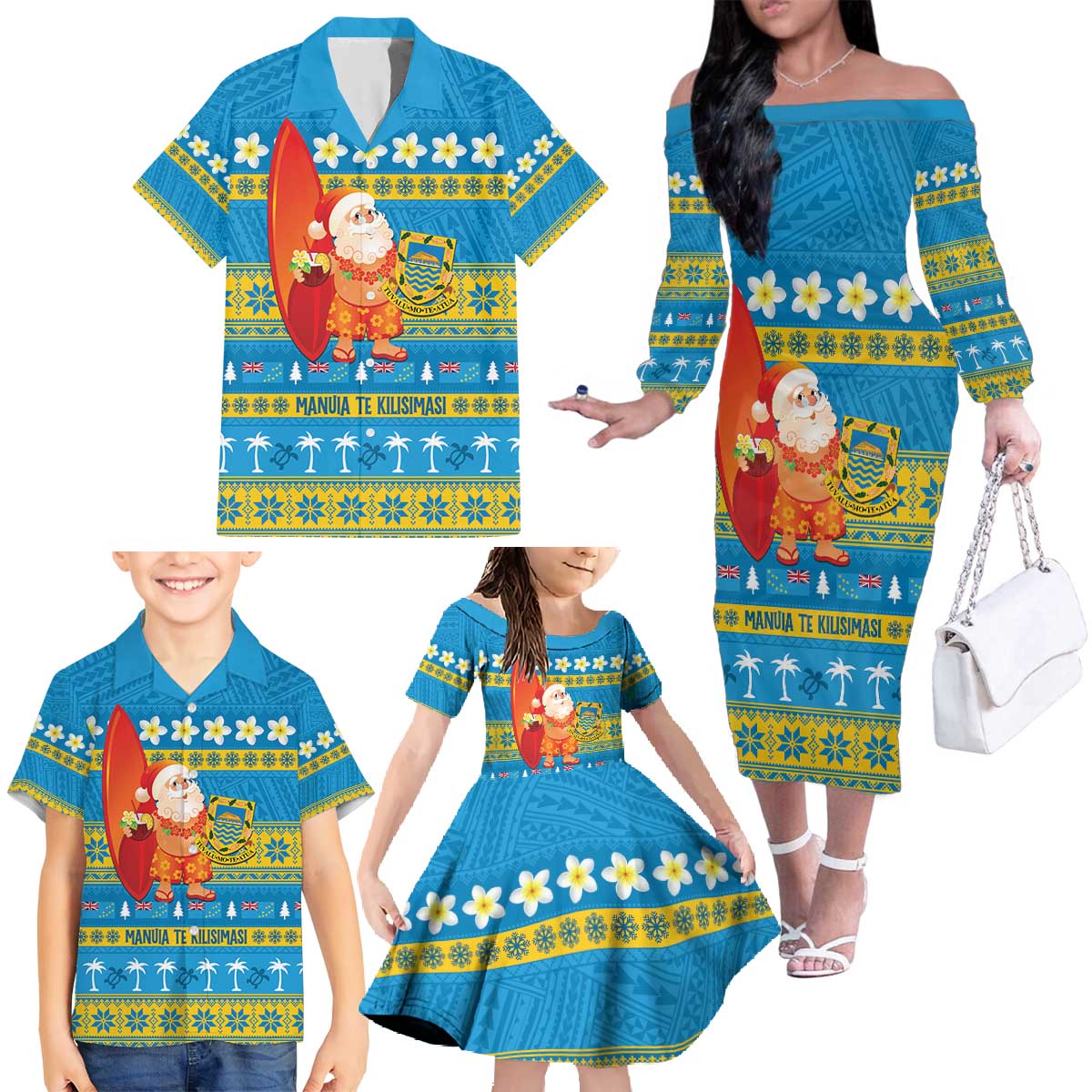 Tuvalu Christmas Family Matching Off The Shoulder Long Sleeve Dress and Hawaiian Shirt Cute Santa Manuia te Kilisimasi LT14 - Polynesian Pride