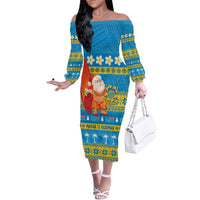 Tuvalu Christmas Family Matching Off The Shoulder Long Sleeve Dress and Hawaiian Shirt Cute Santa Manuia te Kilisimasi LT14 Mom's Dress Blue - Polynesian Pride