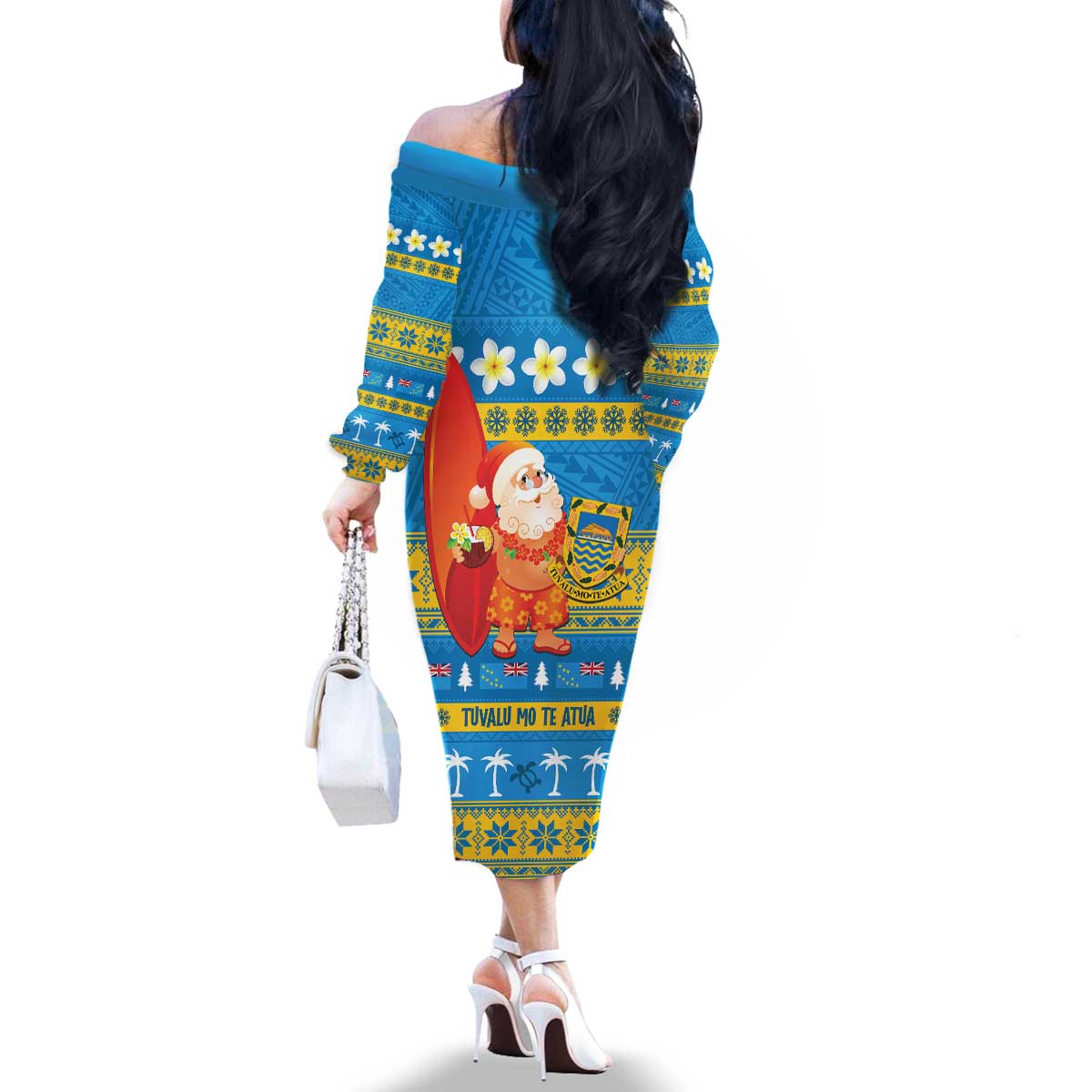 Tuvalu Christmas Family Matching Off The Shoulder Long Sleeve Dress and Hawaiian Shirt Cute Santa Manuia te Kilisimasi LT14 - Polynesian Pride