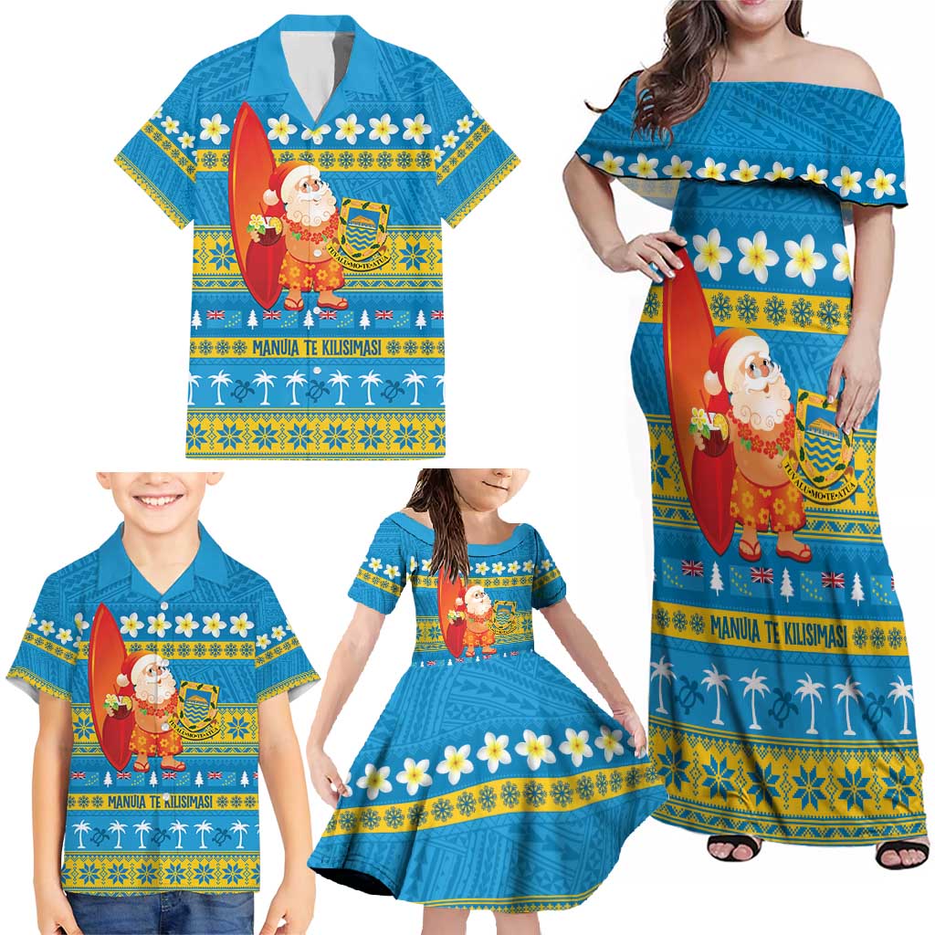 Tuvalu Christmas Family Matching Off Shoulder Maxi Dress and Hawaiian Shirt Cute Santa Manuia te Kilisimasi - Polynesian Pride
