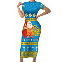 Tuvalu Christmas Family Matching Short Sleeve Bodycon Dress and Hawaiian Shirt Cute Santa Manuia te Kilisimasi LT14 Mom's Dress Blue - Polynesian Pride