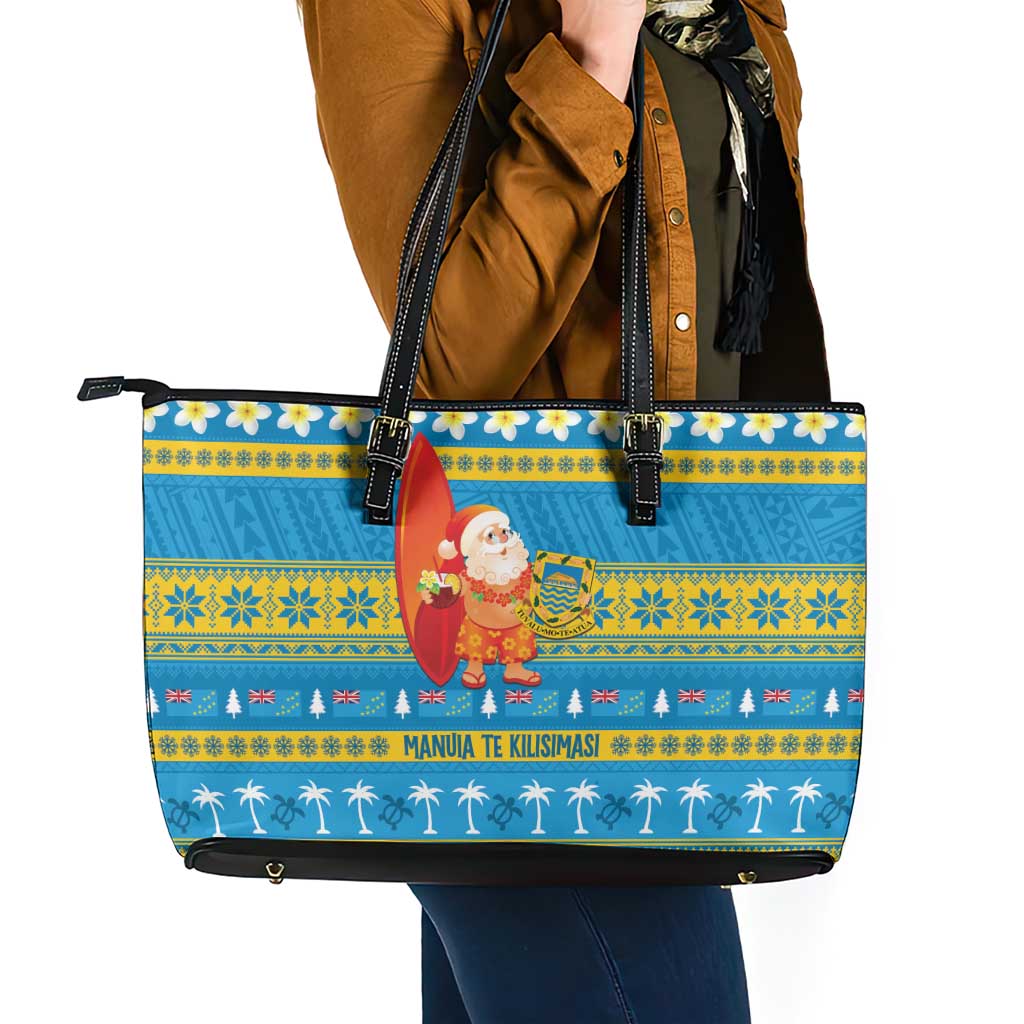 Tuvalu Christmas Leather Tote Bag Cute Santa Manuia te Kilisimasi - Polynesian Pride