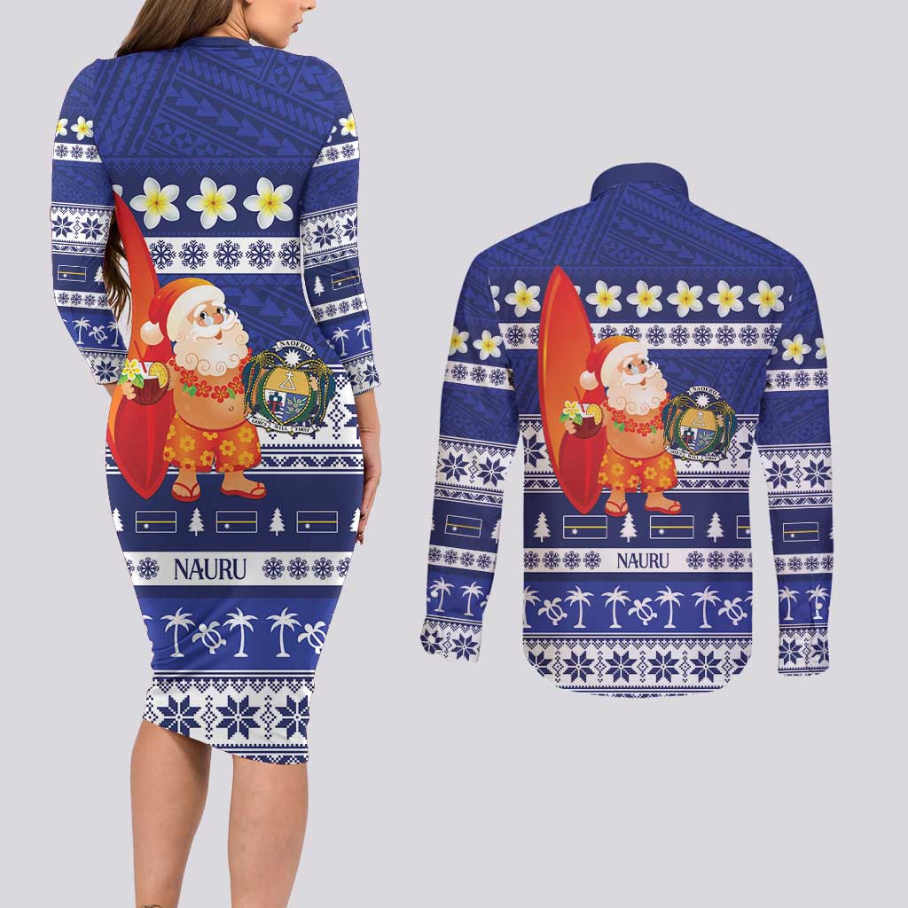 Nauru Christmas Couples Matching Long Sleeve Bodycon Dress and Long Sleeve Button Shirt Cute Santa Coat Of Arms Merry Xmas LT14 - Polynesian Pride