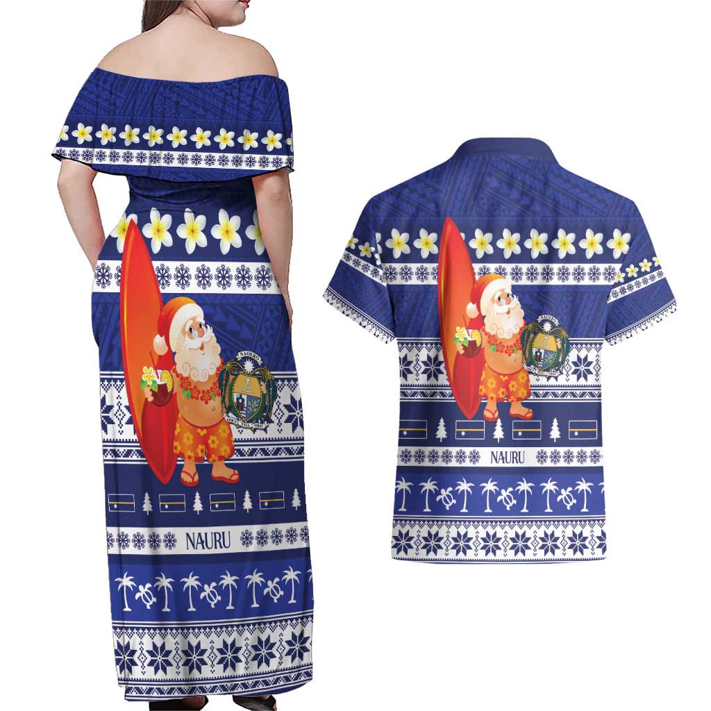 Nauru Christmas Couples Matching Off Shoulder Maxi Dress and Hawaiian Shirt Cute Santa Coat Of Arms Merry Xmas - Polynesian Pride