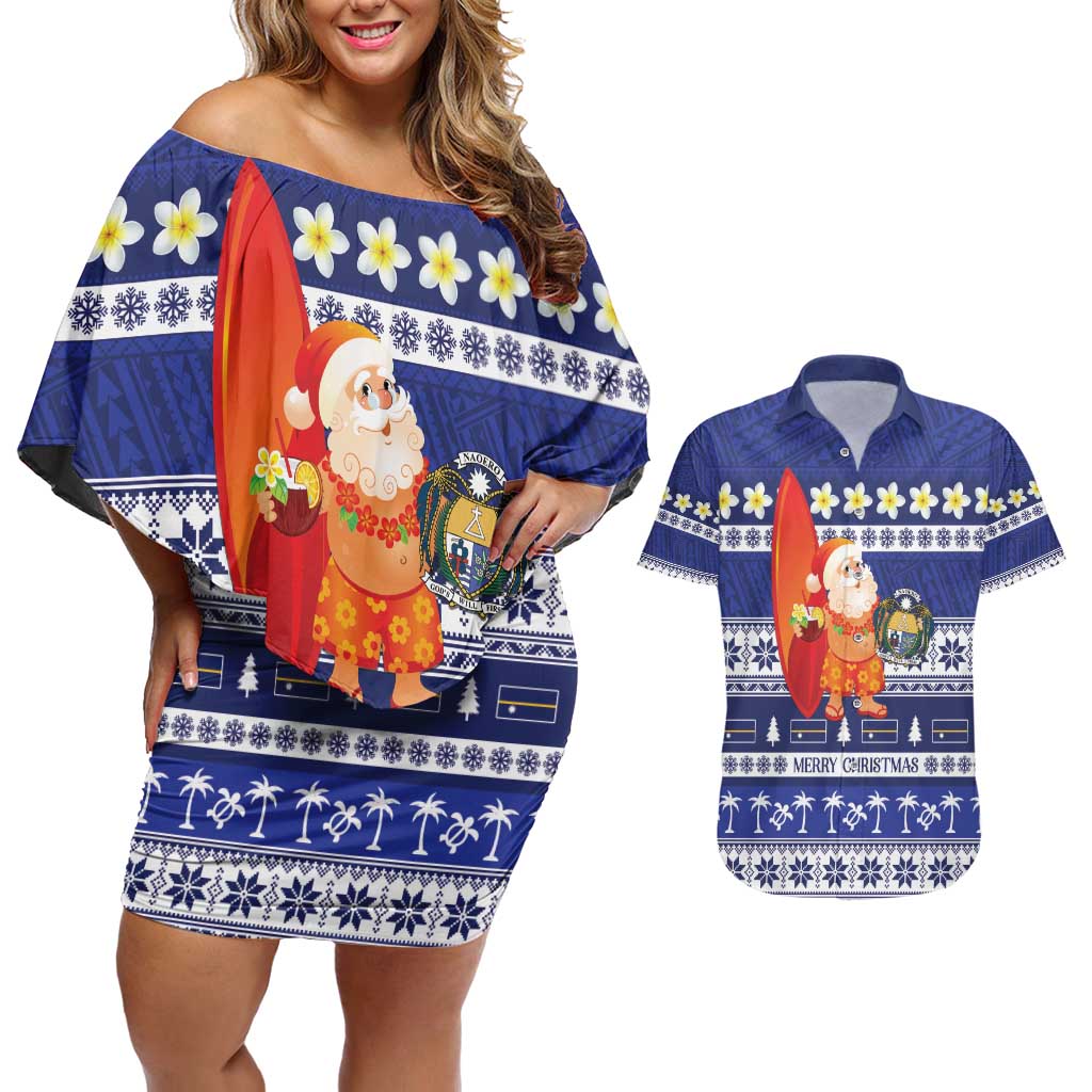 Nauru Christmas Couples Matching Off Shoulder Short Dress and Hawaiian Shirt Cute Santa Coat Of Arms Merry Xmas - Polynesian Pride